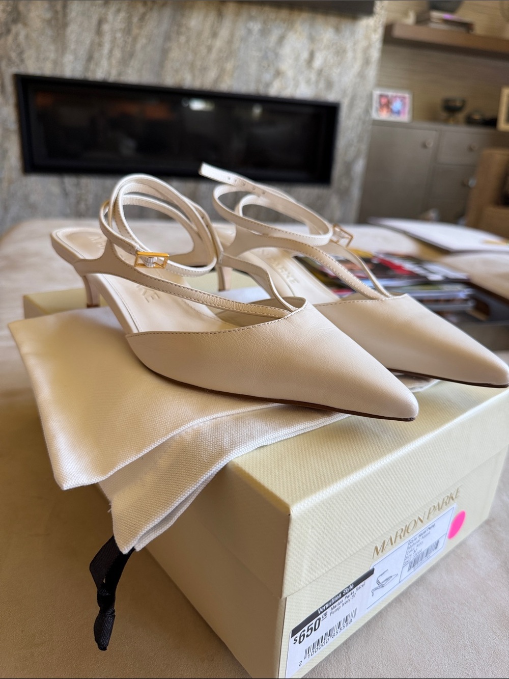 Pointed Ivory Slingback Kitten Heels with Ankle Strap